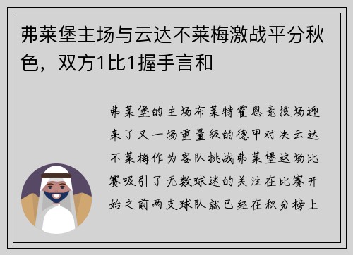 弗莱堡主场与云达不莱梅激战平分秋色，双方1比1握手言和