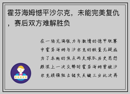 霍芬海姆憾平沙尔克，未能完美复仇，赛后双方难解胜负